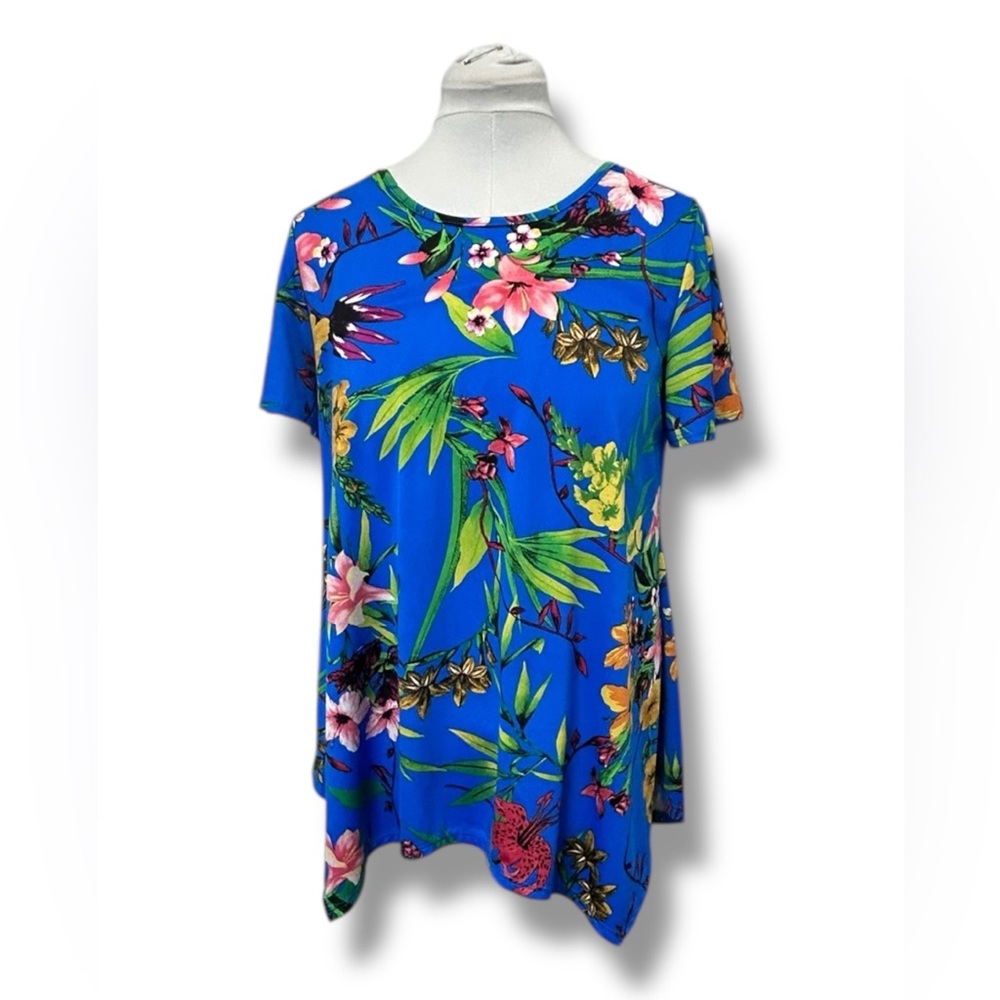 Coco’s CloZet Women’s Asymmetrical Top Tropical Casual Stretch Blue Floral L